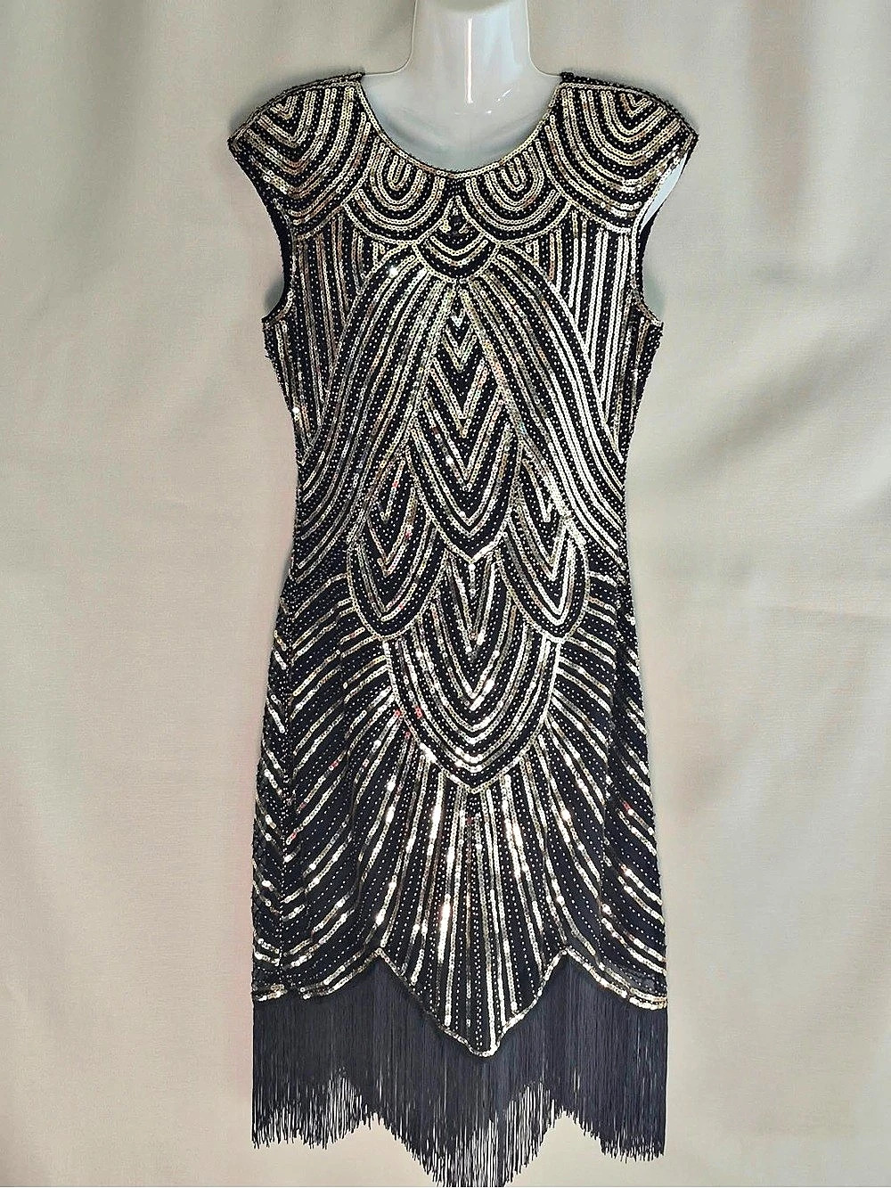 Black & Gold Beaded Fringe Mini Dress